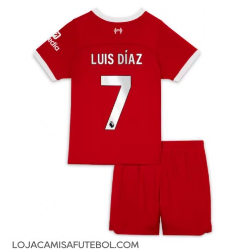 Camisa de Futebol Liverpool Luis Diaz #7 Equipamento Principal Infantil 2023-24 Manga Curta (+ Calças curtas)